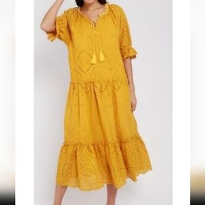 OPT NWT Mustard eyelet tiered midi dress boho tassel tie neck Size:S fit M